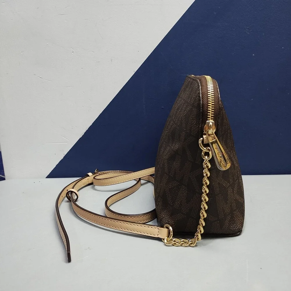 Michael Kors Jet Set Crossbody Bag Womens Brown Allover Logo Print Chain Strap
